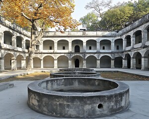 Poster - architectural courtyard with archways and circular fountains within an open space