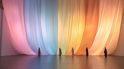 Poster - Colorful Fabric Art Installation with Figures in Minimalist Interior