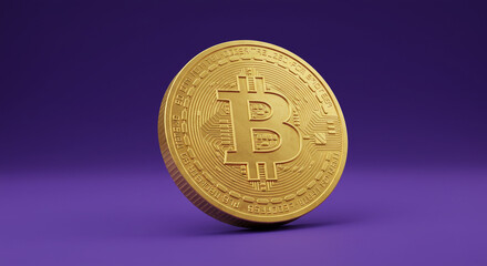 Poster - A gleaming golden Bitcoin, symbol of digital currency revolution, rests on a rich purple background, showcasing its intricate design.