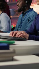 Poster - vertical video call center agent helping customers regain access to accounts, diagnosing problems. c