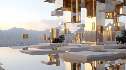 Poster - Futuristic Cityscape with Golden Geometric Structures at Sunset