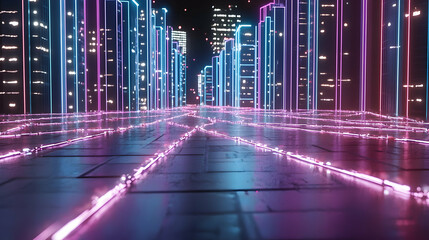 Poster - Futuristic Cityscape with Neon Lights at Night
