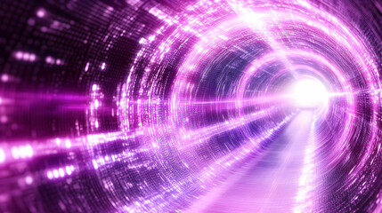 Poster - Glowing purple digital tunnel with light at the end