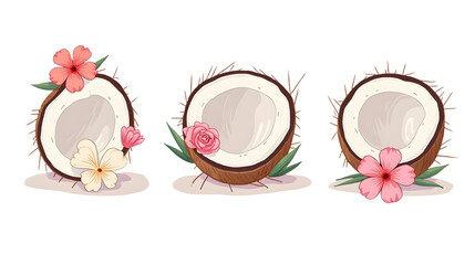 Poster - three decorative coconut halves adorned with flowers and leaves. with clipping path,isolated, absolu