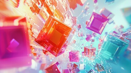 Poster - Vibrant and colorful cubes set against a striking blue background creating a dynamic and eye-catching abstract scene