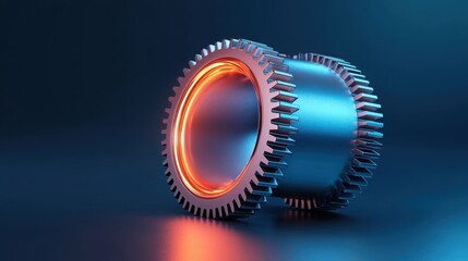 Poster - Close-up view of gear wheel with bright light connections representing interconnected mechanisms in modern engineering