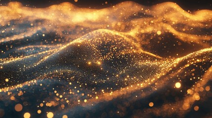 Poster - Sparkling gold glitter shimmering against a deep black background creating a luxurious and elegant abstract visual experience