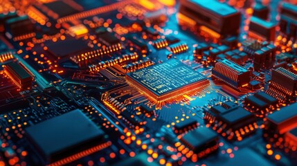 Poster - Abstract circuit board with red light creating a tech flow in gradient style representing modern technology