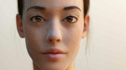 Poster - Woman's face covered in digital wire mesh illustrating ai integration in contemporary art and technology design
