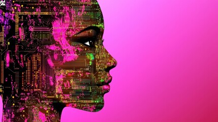 Poster - Close-up of woman's face surrounded by circuit board elements illustrating the fusion of technology and human emotion