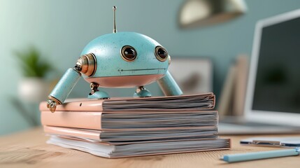 Poster - Humanoid robot sitting on a stack of books illustrating the intersection of technology and knowledge in a digital age