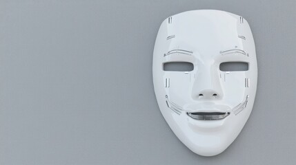 Poster - Minimalist white mask on gray background symbolizing artificial intelligence and the concept of identity in modern society
