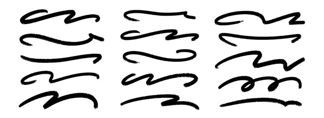 Aufkleber - Wave paint line set. Squiggle sketch brush stroke collection. Rough charcoal curved flourishes for highlight, underline, emphasis. Vector hand drawn crayon chalk strips. Black swoosh stripe bundle