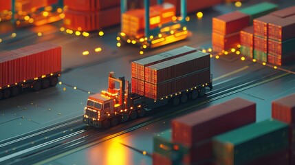 Poster - Truck and train traveling on a road highlighting the concept of digital twin technology for logistics management