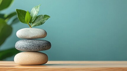 Poster - Vibrant green plant growing on a stack of colorful stones representing digital wellbeing and natural harmony