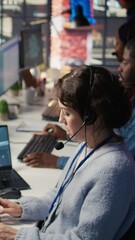 Poster - vertical video technical support specialist in call center office doing troubleshooting helped by ar
