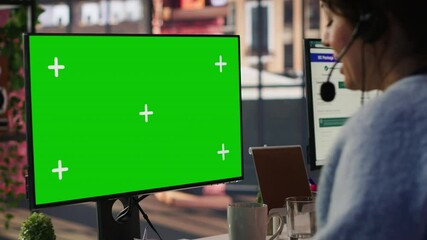 Poster - call center agent helping customers regain access to accounts using green screen mockup pc. employee