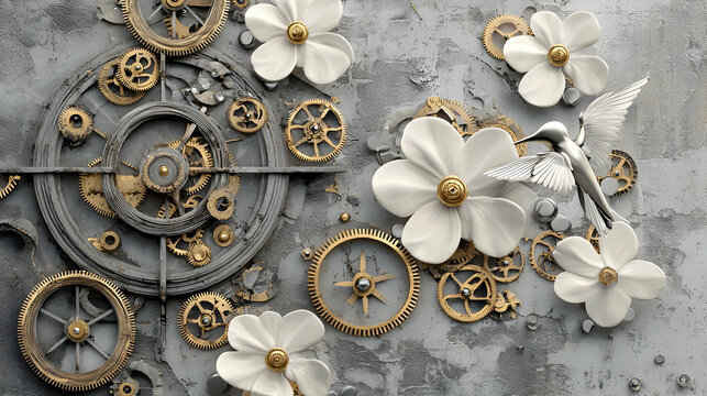 Grey and Gold Clockwork Gears with White Flowers