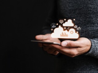 Aufkleber - Immersive Cloud Computing Visualization Next-Gen Digital Transformation Hologram Emerging from Smartphone with Interconnected Business Intelligence Icons