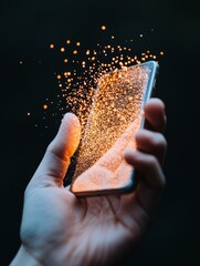 Poster - Immersive Digital Transformation Glowing Particle Smartphone Interface Revealing Next-Gen Tech Connectivity, Cutting-Edge Visual Metaphor for Innovation and Dynamic Data Flow