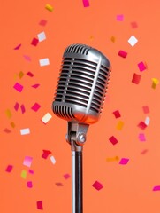 Leinwandbilder - Retro Audio Revival Vintage Chrome Microphone with Dynamic Pop Art Confetti - Immersive Performance Marketing for Creative Talent Showcase