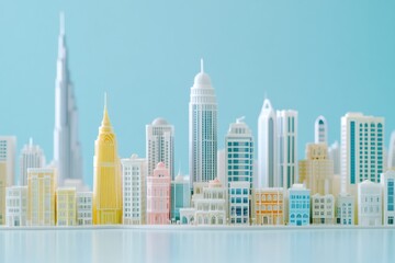 Aufkleber - Pastel Urban Horizons Minimalist Dubai Cityscape Model Showcasing Architectural Innovation and Global Investment Potential in Soft Chromatic Design