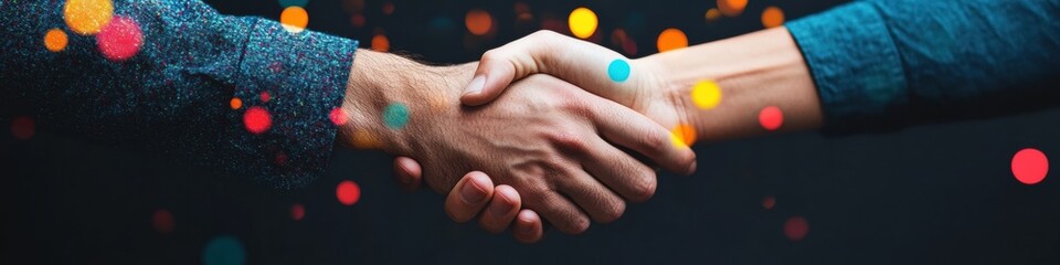 Aufkleber - Holy Tuesday Digital Connection Innovative Business Partnership Visualized Through Luminous Urban Handshake - Corporate Networking in Technologically Enriched Collaborative Landscape