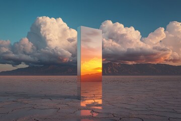 Aufkleber - Climate Crisis Visualization Immersive Surreal Landscape with Reflective Portal Revealing Dramatic Sunset - Innovative Environmental Communication Design