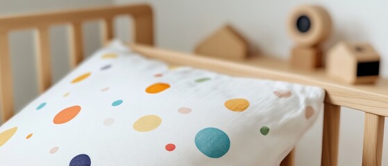 Poster - Minimalist Nursery Design Soft Pastel Polka Dot Bedding with Wooden Crib - Contemporary Parenting Aesthetic for Mindful Early Childhood Spaces