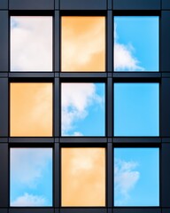 Aufkleber - Geometric Urban Luminescence Modular Glass Facade Reflecting Dynamic Sky - Architectural Innovation in Corporate Design and Sustainable Building Technology