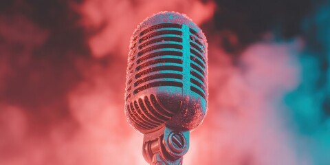 Leinwandbilder - Retro Analog Sound Storytelling Vintage Chrome Microphone in Nostalgic Neon Spotlight - Creative Performance Art and Music Industry Branding Inspiration