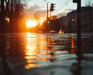 Poster - Climate Resilience at Sunset Urban Flood Landscape Showcasing Emergency Preparedness and Adaptive Infrastructure for Extreme Weather Survival