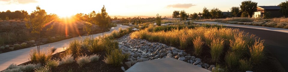 Poster - Sunset Urban Resilience Sustainable Drainage Bioswale Design Transforming City Infrastructure with Eco-Friendly Water Management Solutions
