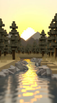 Lowpoly Sunset Landscape with River and Trees