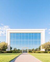 Poster - Sustainable Corporate Sanctuary Modern Glass-Facade Commercial Real Estate with Minimalist Landscape Design Showcasing Premium Workspace Innovation