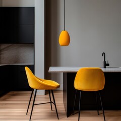 Leinwandbilder - Minimalist Urban Kitchen Design Vibrant Yellow Accent Chairs and Pendant Illuminating Sleek Contemporary Space with Monochromatic Elegance