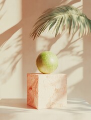 Poster - Minimalist Organic Stillness Soft Pastel Palm Shadow and Textured Stone Pedestal with Green Apple - Wellness Lifestyle Aesthetic for Mindful Branding