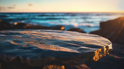 Poster - Sustainable Coastal Minimalism Golden Hour Stone Surface Mockup for Eco-Conscious Product Visualization with Marine Conservation Aesthetic