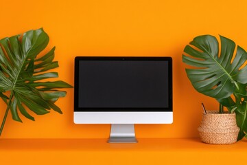 Poster - Vibrant Biophilic Workspace Minimalist Tech Meets Nature - Ergonomic Home Office Design with Bold Color Psychology and Productivity Optimization