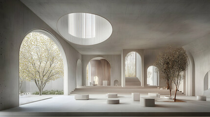 Poster - Modern Minimalist Concrete Architecture with Arches and Greenery