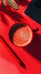 Poster - Hyper-Minimalist Remote Work Aesthetic Vibrant Red Workspace with Coffee and Productivity Tools - Digital Nomad Efficiency in Modern Professional Design