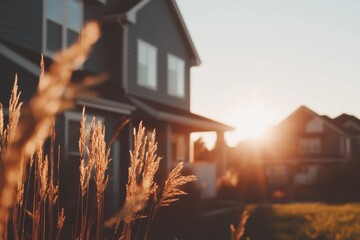 Leinwandbilder - Golden Hour Homestead Sustainable Residential Architecture Meets Naturalistic Landscape Design - Millennial Eco-Living and Modern Suburban Aesthetic