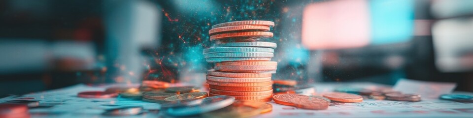 Poster - Quantum Financial Analytics Immersive Gradient Coin Stack Visualization for Next-Gen Investment Strategy, Digital Wealth Transformation and Predictive Economic Modeling
