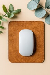 Poster - Minimalist Tech Wellness Ergonomic White Mouse on Luxe Leather Pad with Botanical Styling - Productivity Design for Modern Digital Workspaces