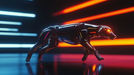 Poster - A futuristic robotic dog running through a neon-lit environment, with vibrant glowing lines of blue and orange creating a dynamic atmosphere