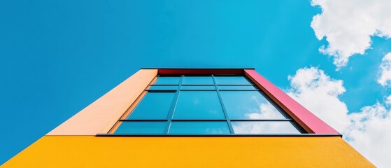 Poster - Geometric Urban Minimalism Bold Architectural Perspective Showcasing Modern Design Innovation with Vibrant Color-Block Facade and Dynamic Sky Interaction