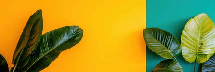 Aufkleber - Vibrant Botanical Minimalism Abstract Tropical Leaf Design with Bold Color-Block Backdrop - Contemporary Visual Trend in Digital Content and Creative Marketing