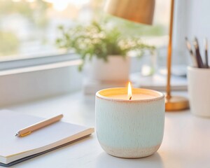 Poster - Serene Mindfulness Workspace Minimalist Ceramic Candle Illuminates Soft Home Office Aesthetic for Wellness-Driven Professionals and Creative Entrepreneurs