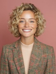 Poster - Empowered Professional Aesthetic Vibrant Curly-Haired Millennial in Textured Tweed Blazer Embodying Contemporary Workplace Confidence and Personal Branding
