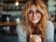 © Fridocha - Smiling blonde woman with glasses holds a piggy bank indoors, savings concept